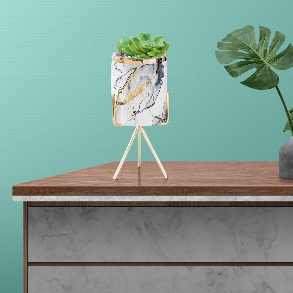 2x Ceramic Succulent Flower Planter Iron Pot Shelf Stand Home Decor