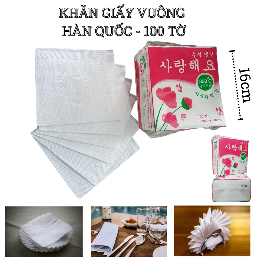 Cây (10 gói) khăn giấy vuông Napkin Hàn Quốc 100 tờ/ gói - 320x330mm