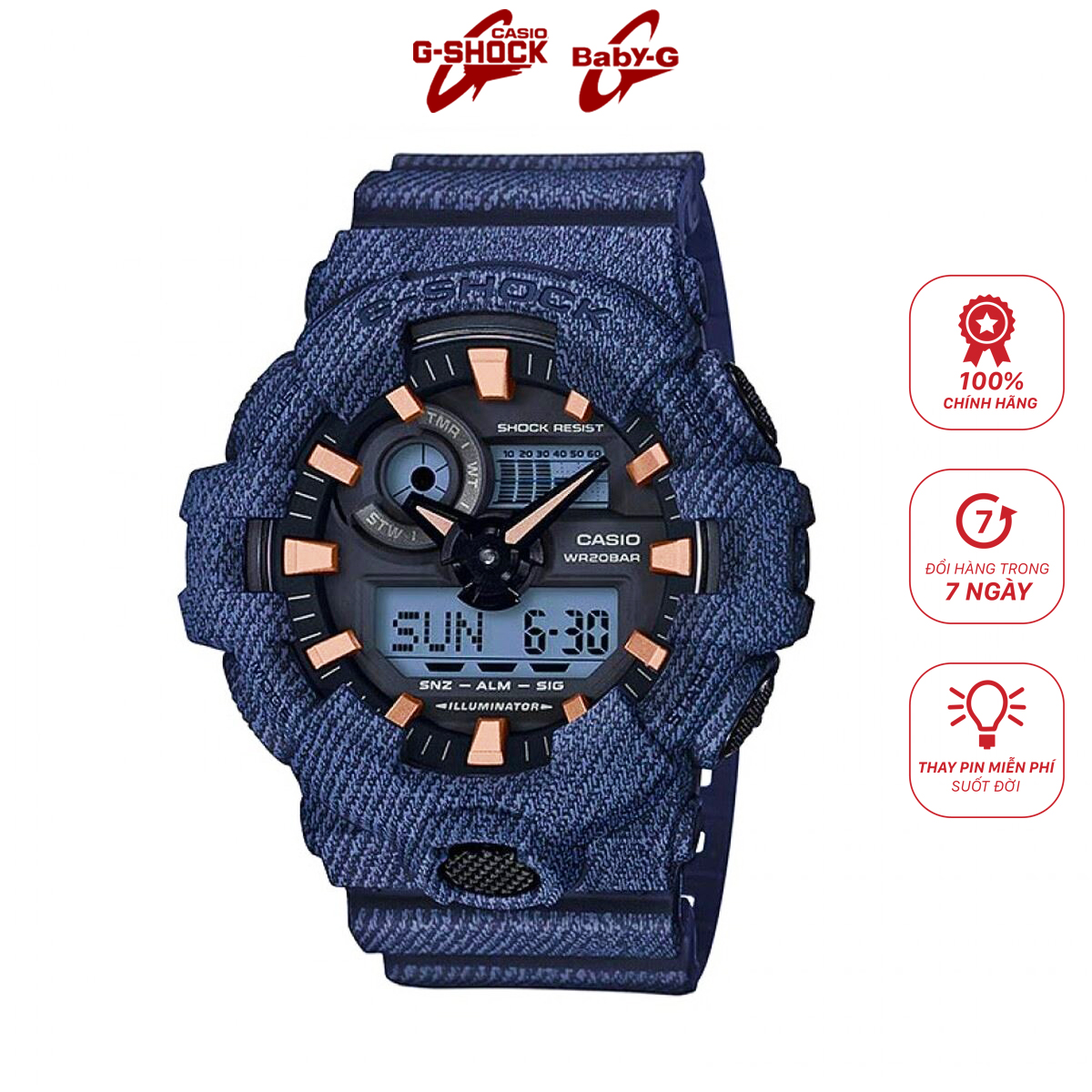 Đồng Hồ Nam Dây Cao Su Casio G-Shock-Ga-700De-2Adr-Tròn Nam Đen Kim Hình Điện Tử SG Vàng Hồng