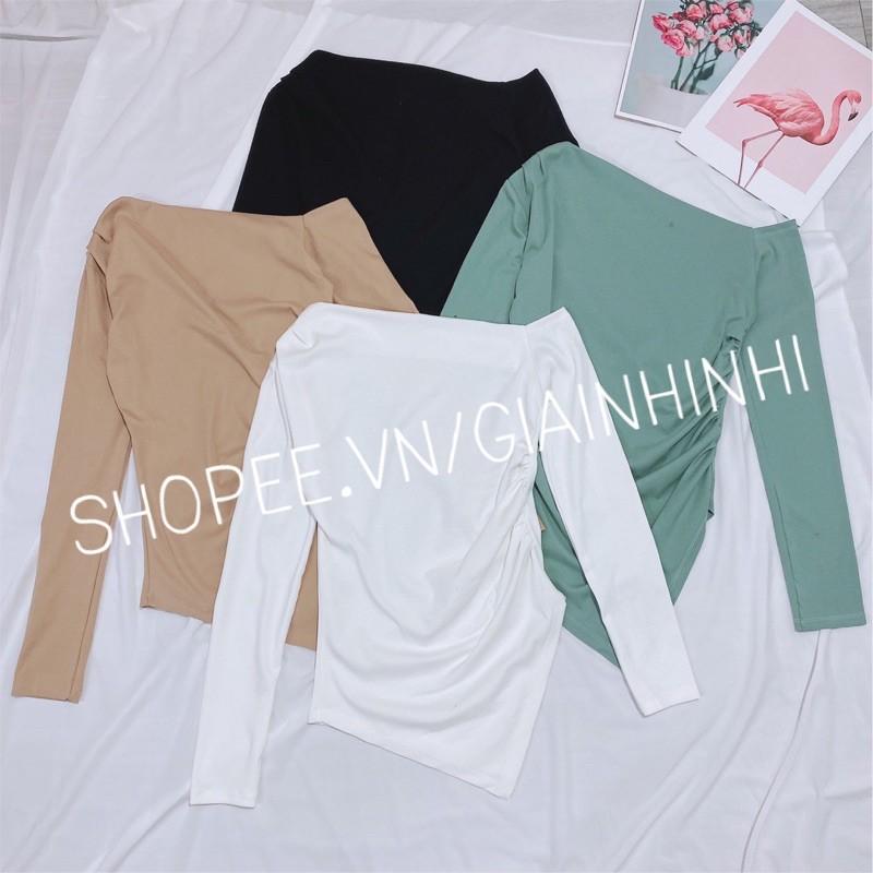 Áo thun lệch vai zúm eo vạt nhọn, Áo kiểu vạt nhọn dài tay vải conton co giãn AT1522 - NhiNhi Shop