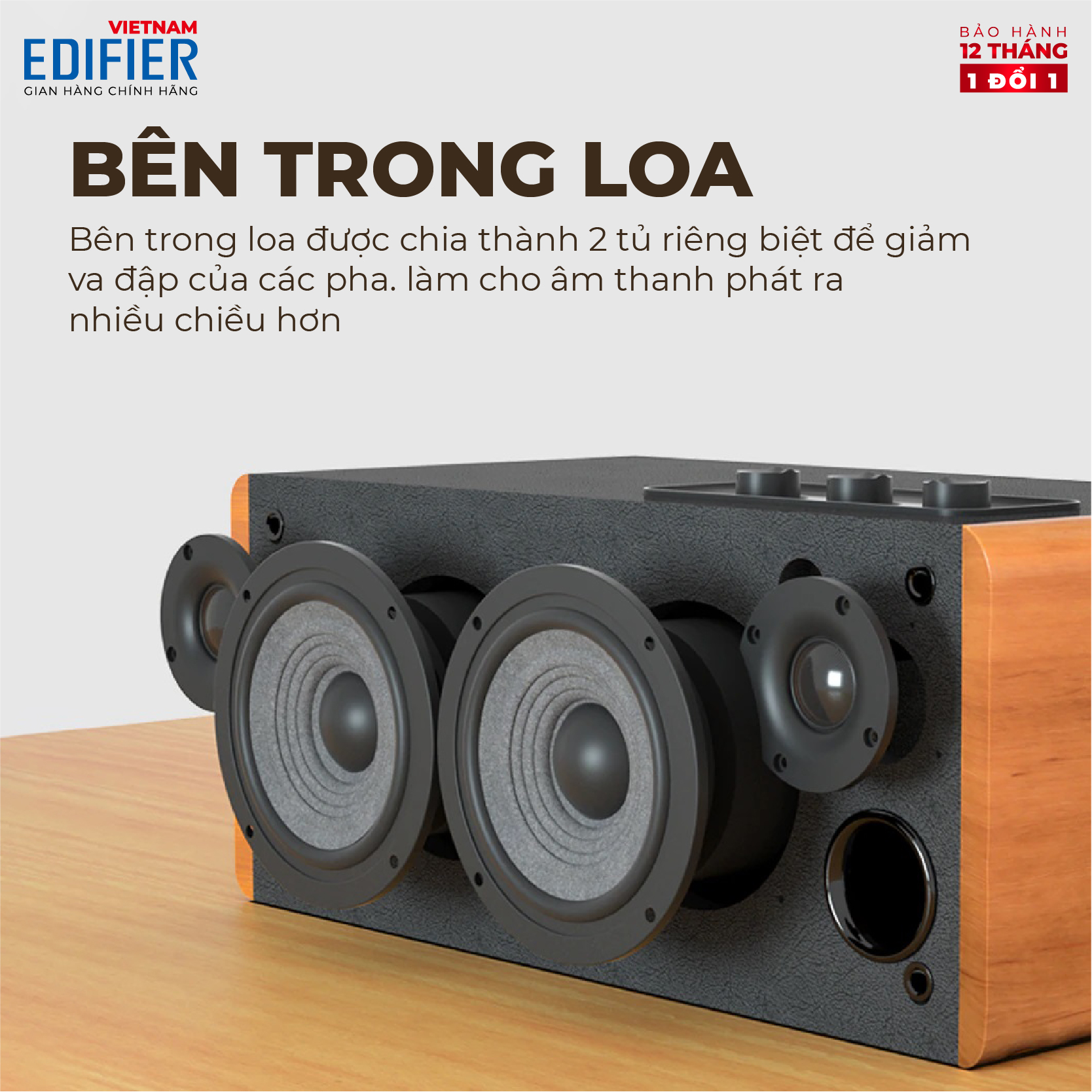 Loa Bluetooth 5.0 EDIFIER D12 Vỏ gỗ chống dội âm - Hỗ trợ AUX âm thanh nổi Stereo - Kèm remote điều khiển - Hàng chính hãng