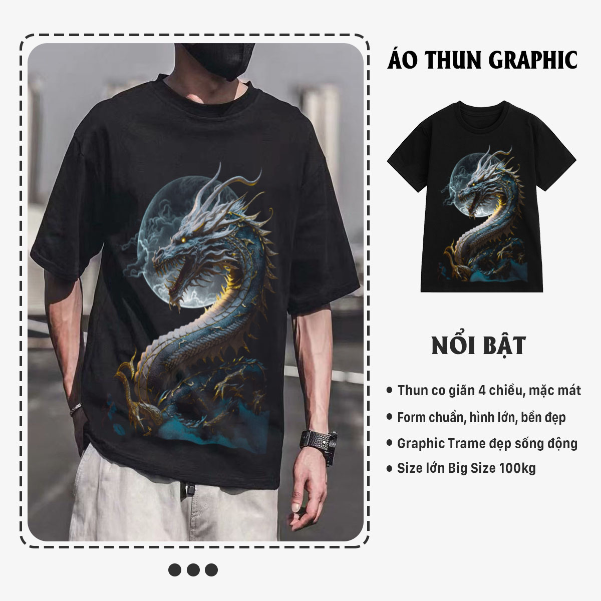 Áo thun nam cổ tròn tay ngắn TeeSett big size boy phố cotton màu đen in hình rồng xanh graphic design