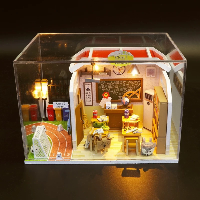 Mô hình nhà DIY Doll House Lớp học Class 1 Kèm Đèn LED và MICA chống bụi