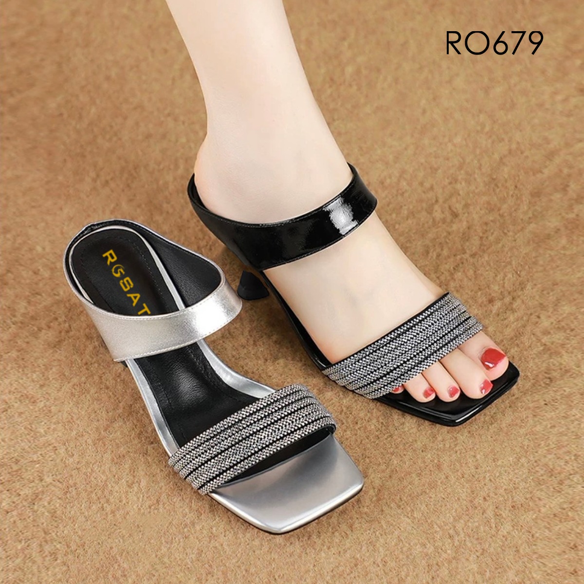 Dép nữ quai ngang đính hạt, gót nhọn ROSATA RO679 - 6p - Đen, Bạc - BKSTORE