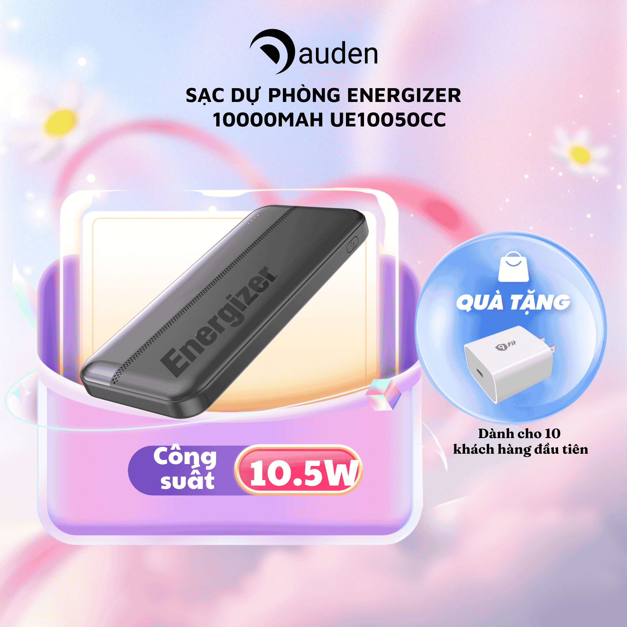 Sạc dự phòng Energizer 10,000mAh /3.7V Li-Polymer UE10050CCBK, công suất 15W đa cổng - Hàng chính hãng