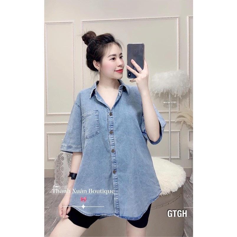 Áo Sơ Mi Bò Cộc Tay Túi Trước Vải Denim Dáng Rộng