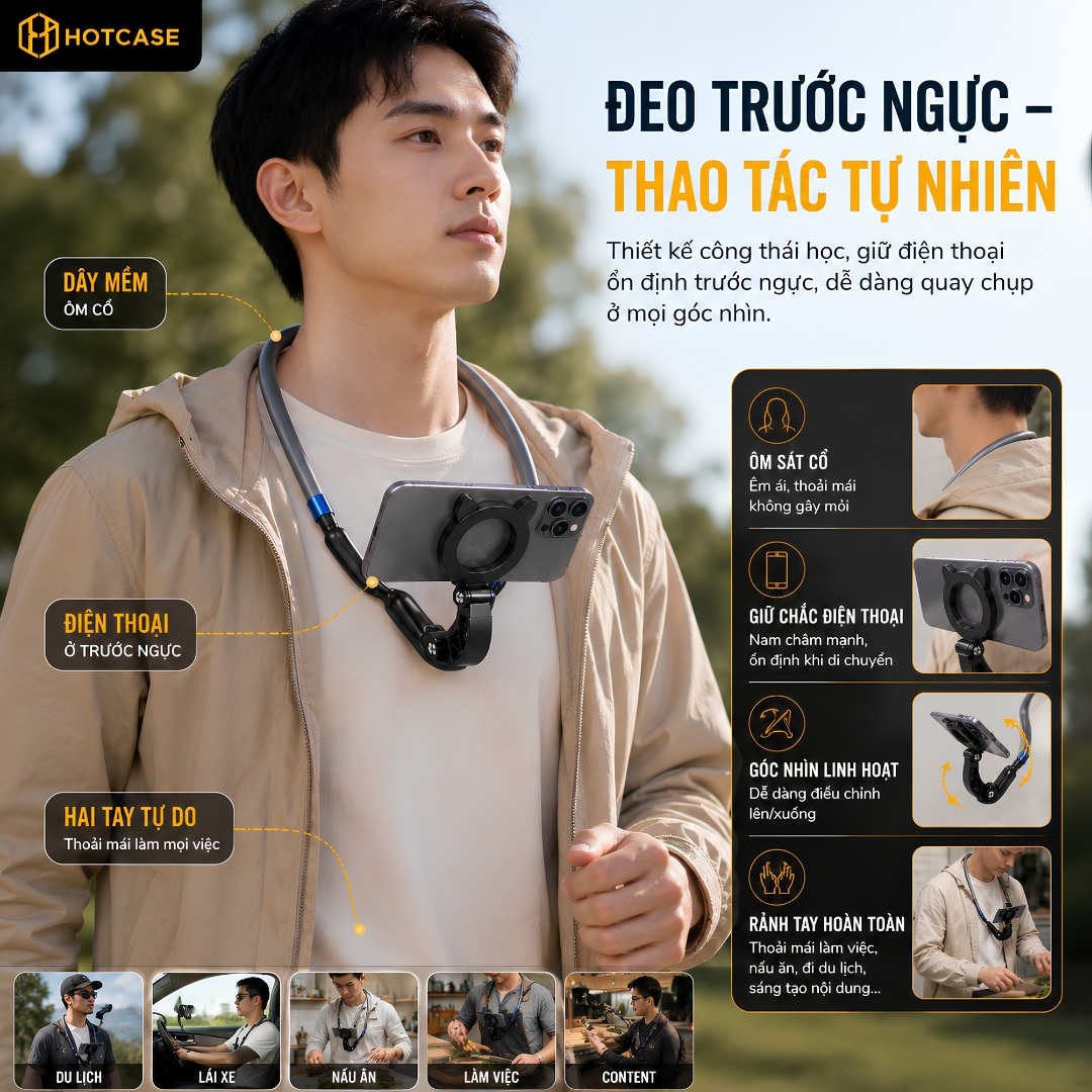 Giá Đỡ Đeo Cổ hộ trợ quay video POV, Vlog hiệu HOTCASE Neck Holder Magnetic N52, Dây Mềm Êm Ái, Gập 180° Chỉnh Góc  Rảnh Tay cho iphone Samsung - Hàng nhập khẩu