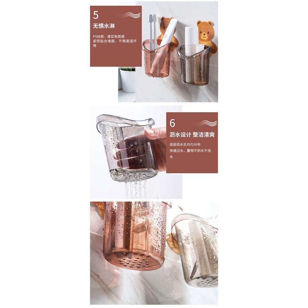 Cốc Đựng Bàn Chải, Kem Đánh Răng Hình Gấu Cute Chất Liệu Nhựa Bền Đẹp Kèm Keo Dán Tường Siêu Dính Tiện Lợi