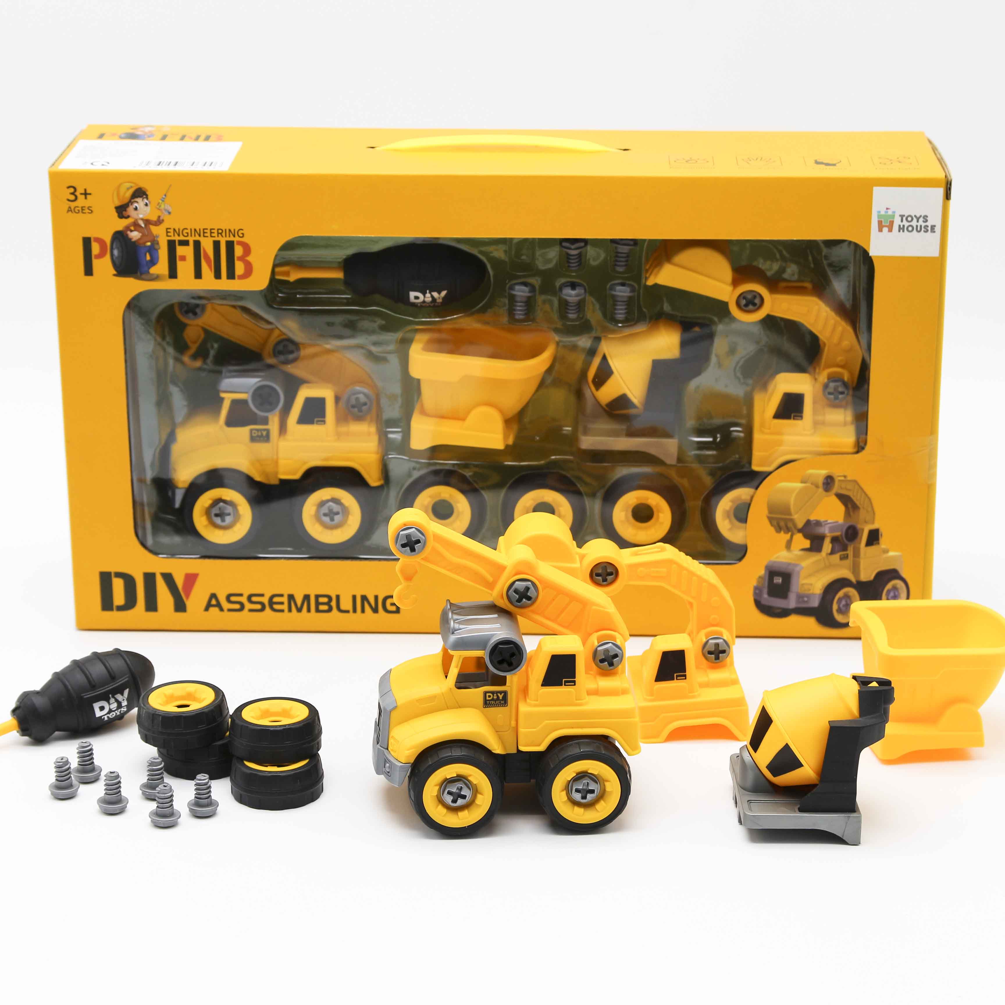 Đồ chơi lắp ghép mô hình oto xây dựng DIY 4 món gồm Cần cẩu, máy múc, xe bồn và xe ben Toys house