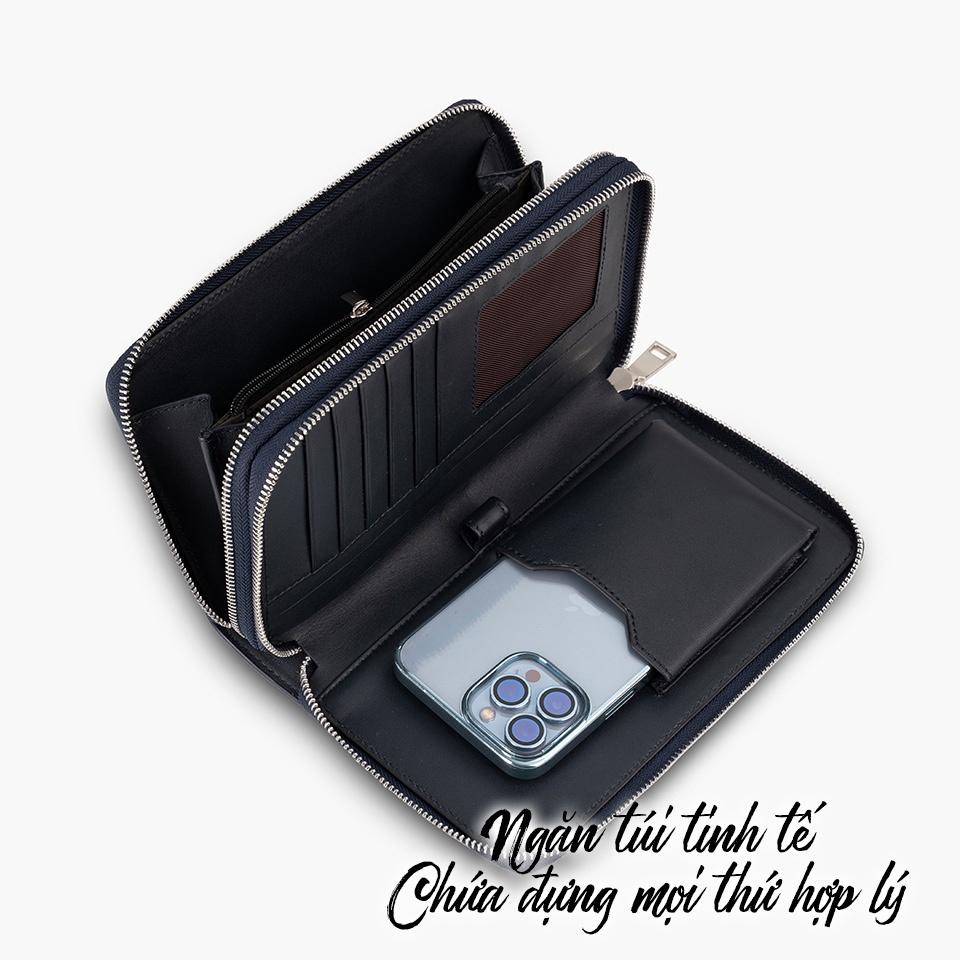 Clutch Da Công Sở Ví Cầm Tay Nam GENCE HT20 Da Bò Cao Cấp Màu Xanh Navy