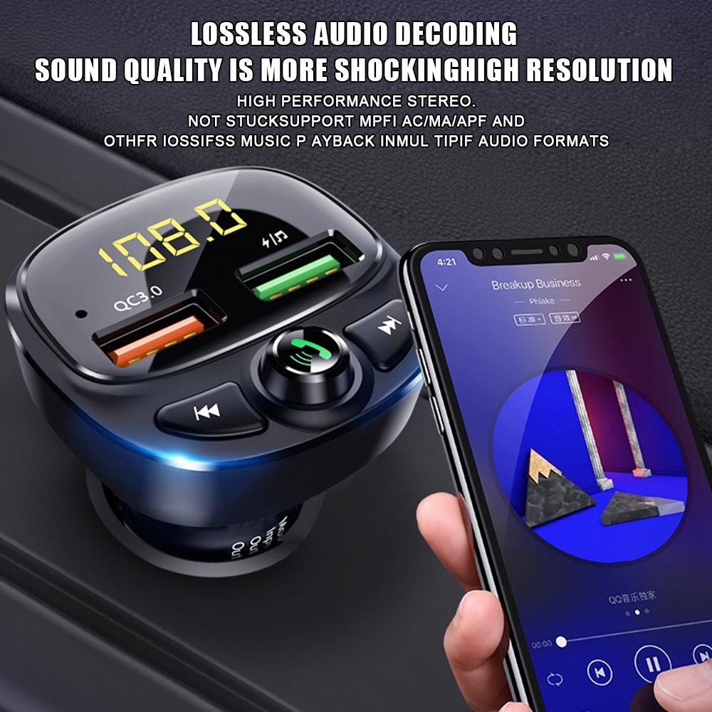 Tẩu sạc hai cổng USB Bluetooth 5.0 QC 3.0 có đèn LED hỗ trợ thẻ nhớ TF/ máy nghe nhạc MP3 rảnh tay cho xe hơi