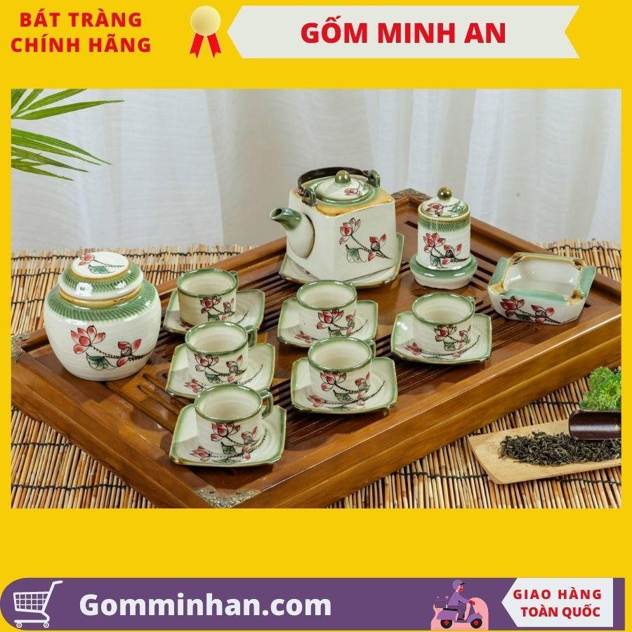 Bộ trà sứ Bộ ấm chén sứ bát tràng men tro cổ dáng ấm vuông gốm Minh An Bát Tràng dung tích 300ml