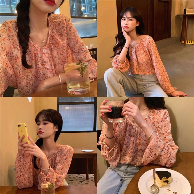 Áo kiểu vải voan mỏng in họa tiết hoa lá dễ thương dành cho bạn nữ