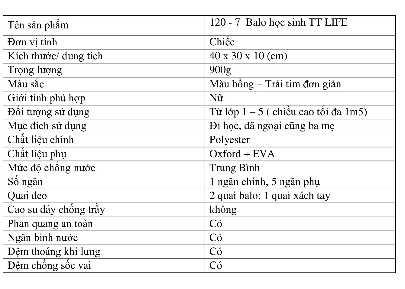 Balo học sinh TT LIFE 120 - 7 Màu hồng trái tim đơn giản