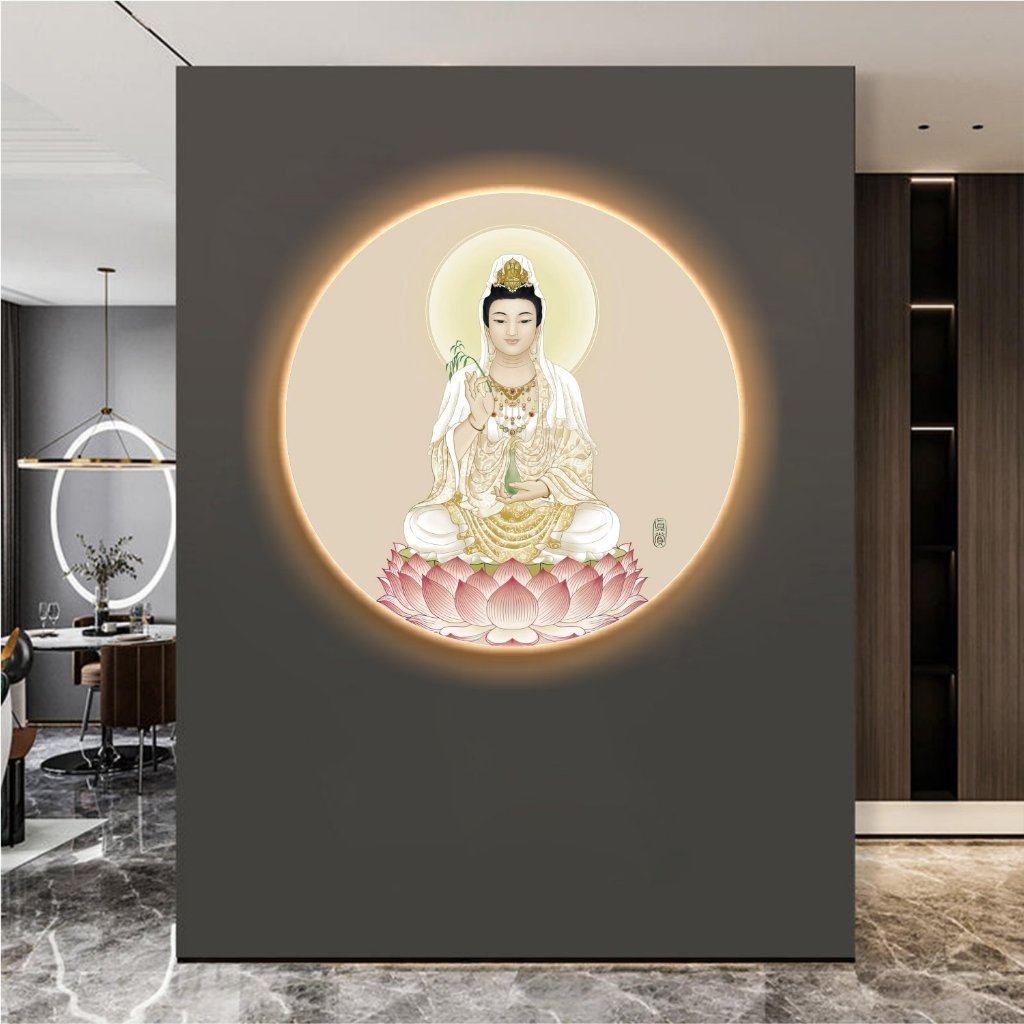 (ẢNH CHỤP)Tranh đèn led tráng gương phật Quan Âm bồ tát trang trí phòng thờ kèm đinh treo