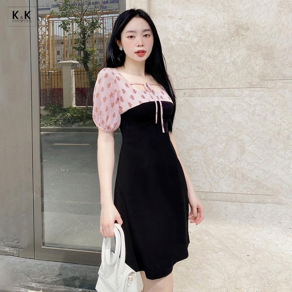 Đầm Chữ A Màu Đen Phối Màu K&amp;K Fashion KK117-14 Chất Liệu Tuyết Mưa Phối Voan Gân