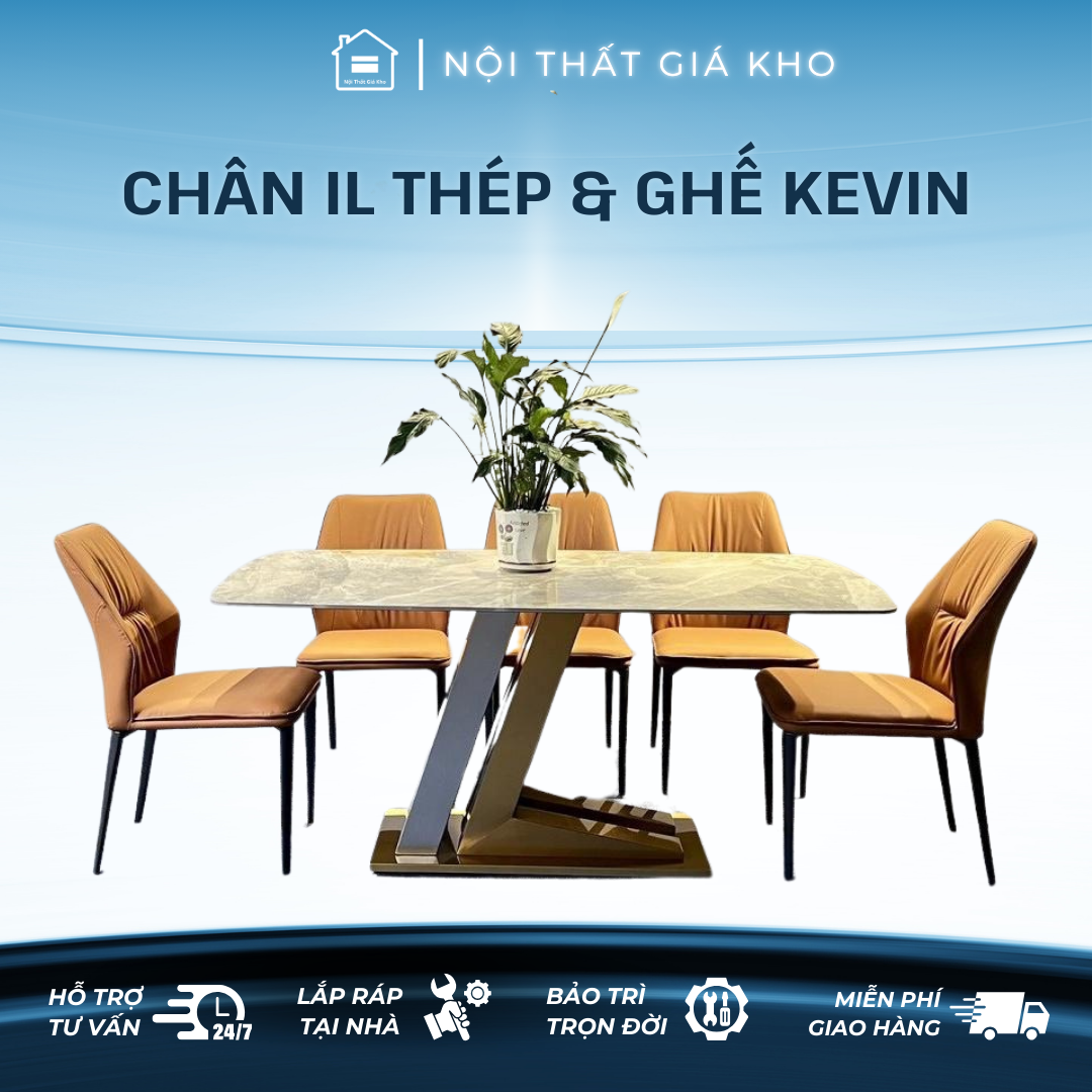 Bàn ăn mặt đá ceramic bóng chân il thép mạ vàng kết hợp 4 ghế 6 ghế 8 ghế Kevin