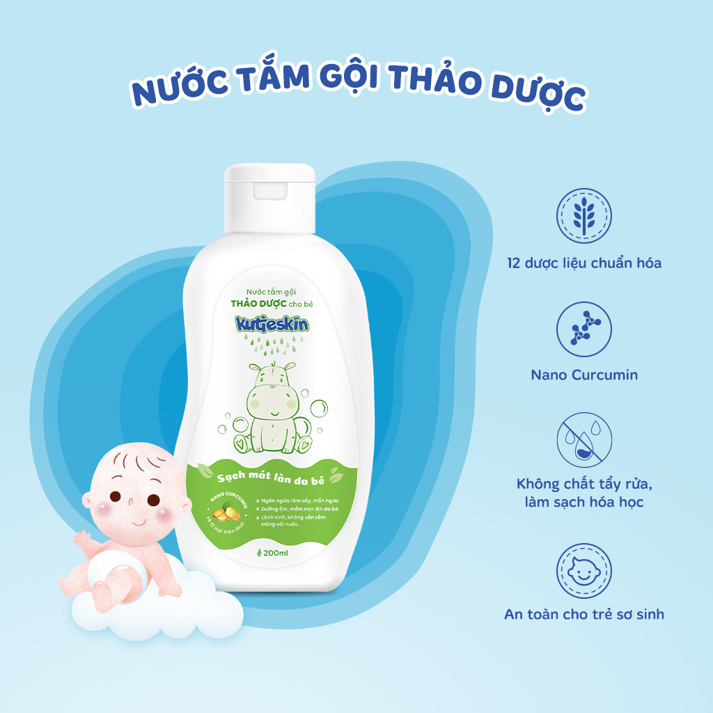 Nước tắm gội thảo dược cho bé Kutieskin 200ml, làm sạch dịu nhẹ, chăm sóc và bảo vệ da bé