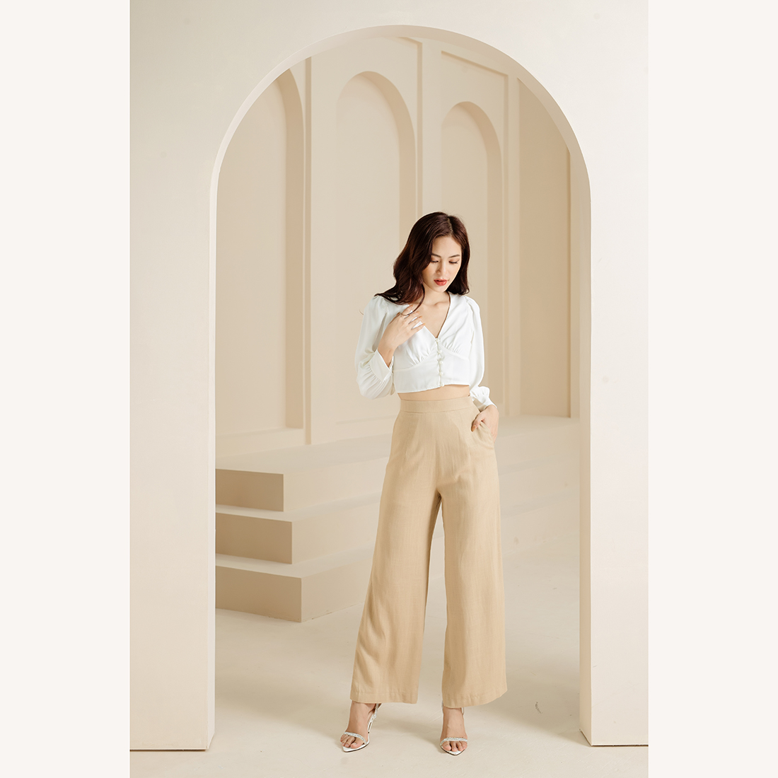 Quần công sở lưng cao ống suông linen thời trang Eden - Q021