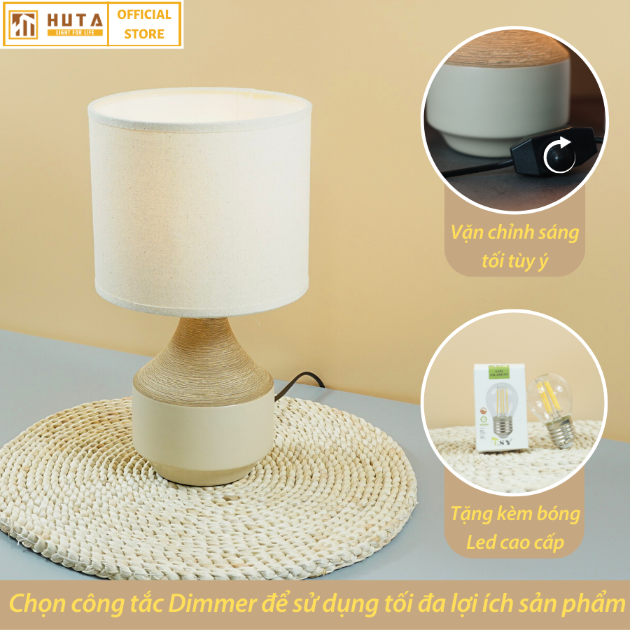 Đèn Ngủ Để Bàn Gốm Sứ Cao Cấp HUTA S14 Vân Màu Gỗ Độc Đáo Sang Trọng, Decor Trang Trí Phòng Ngủ, Khách Sạn, Đọc Sách Đầu Giường, Điều Chỉnh Độ Sáng, Ánh Sáng Vàng