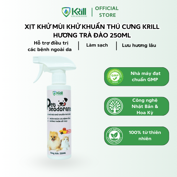 Xịt khử mùi khử khuẩn thú cưng KRILL hương Trà Đào 250ml hỗ trợ điều trị các bệnh ngoài da, làm sạch, lưu hương lâu
