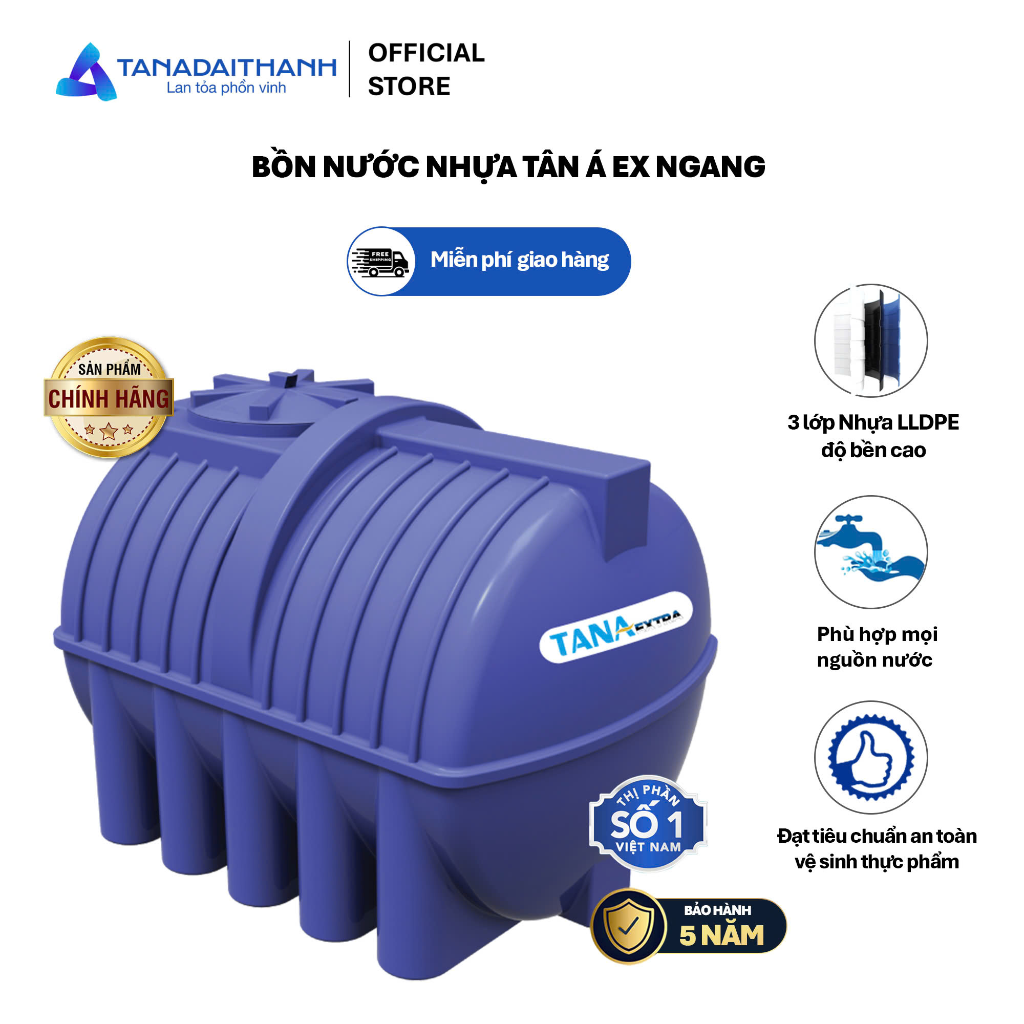 Bồn nước nhựa Tân Á EX Ngang 500L 1000L 1500L 2000L - Hàng chính hãng, bảo hành 5 năm (Chỉ bán tại khu vực miền Bắc)