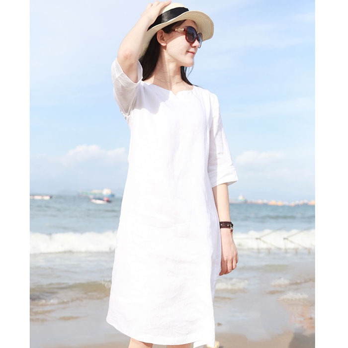 Đầm suông tay lỡ linen trẻ trung kèm đai dời - Trắng