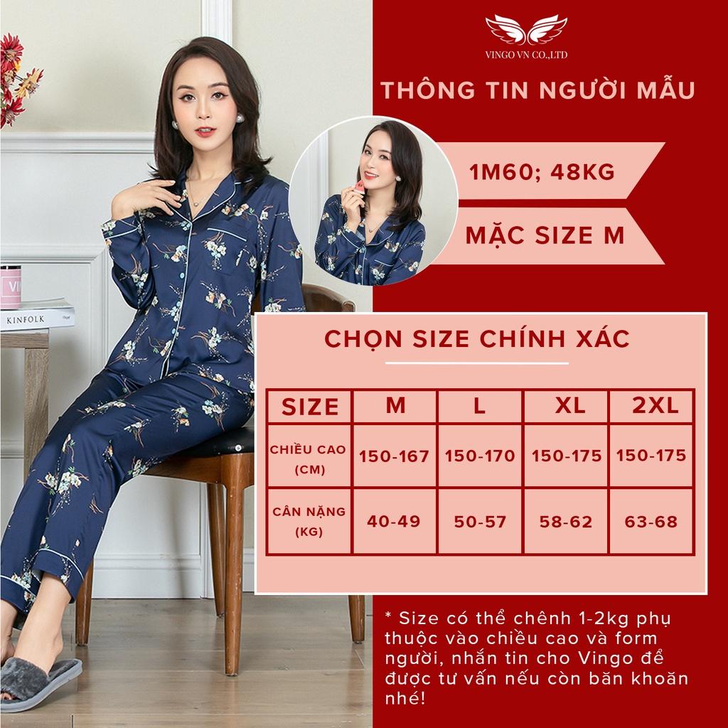 Đồ bộ nữ pijama mặc nhà VINGO Lụa Pháp cao cấp tay dài quần dài họa tiết hoa dây xanh đậm mùa Thu Đông H579 VNGO