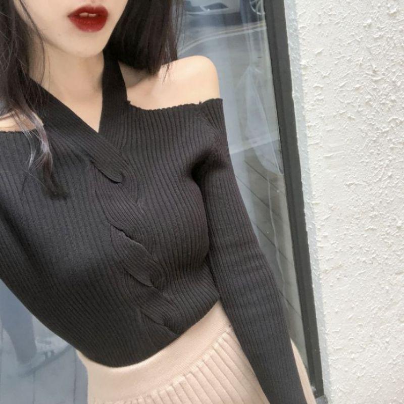Áo Sweater dệt kim tay dài màu trơn phong cách retro