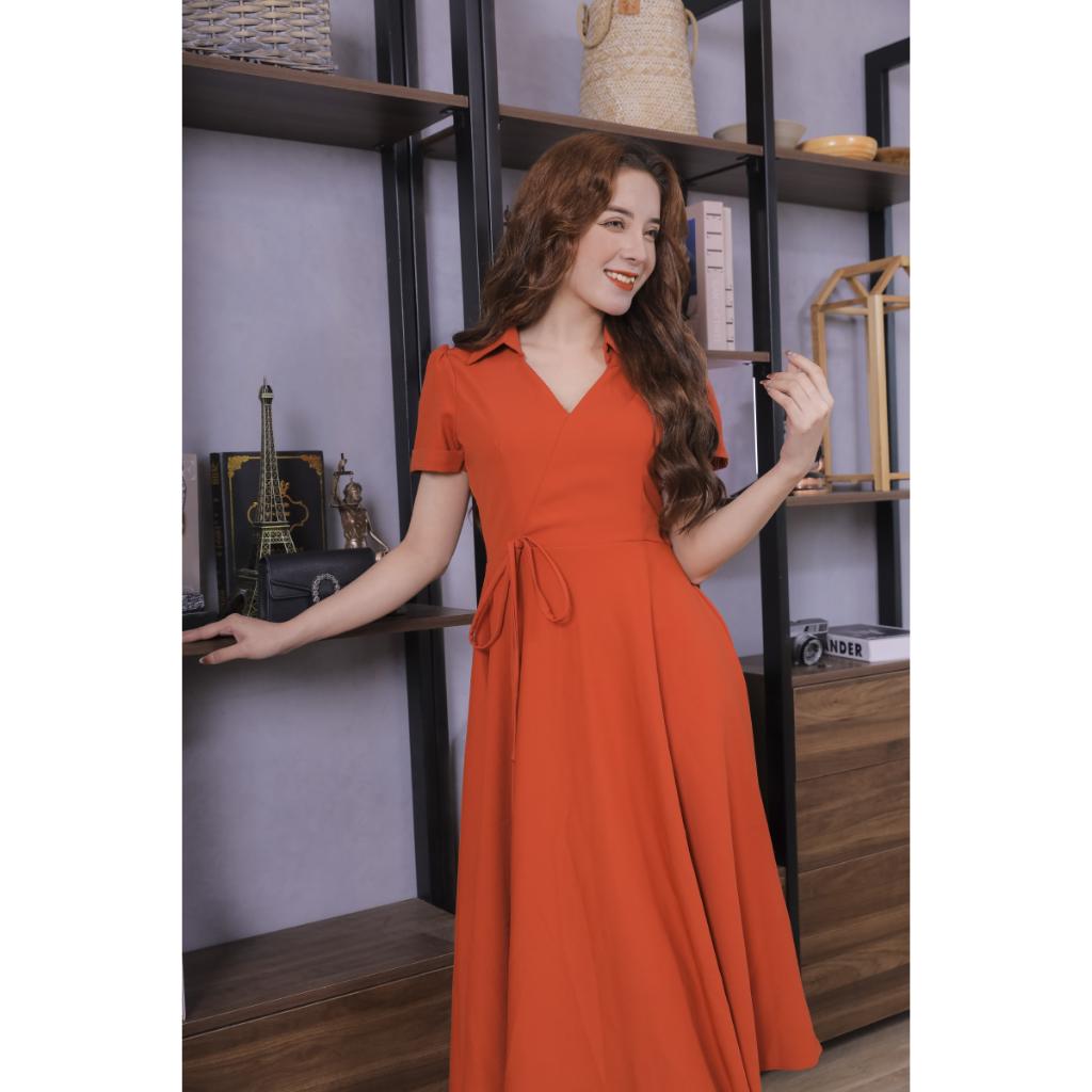 Váy Trơn Màu Cam Nơ Eo Cao Cấp 23V047 Pi Style