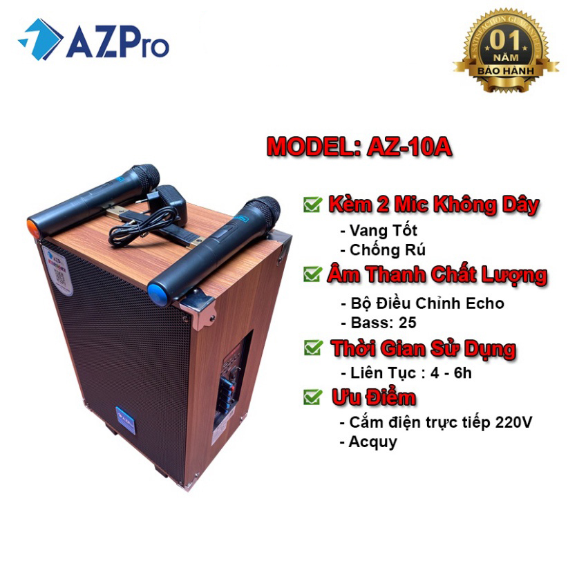 Loa Kéo Bluetooth AZPro AZ-10A Bass 2.5 tấc Kèm 2 Mic Không Dây Chống Rú Công Suất Đỉnh 500w - Hàng Chính Hãng