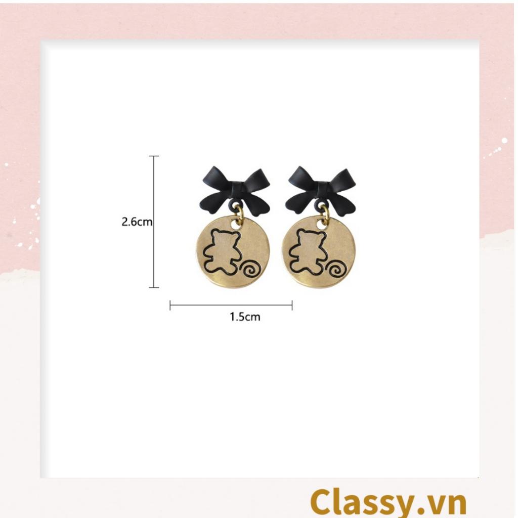 Khuyên tai Bông tai Hoa tai Classy bản tròn họa tiết gấu dễ thương đính nơ hoa tai ánh kim trendy PK1604
