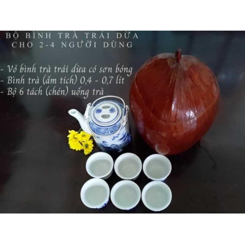 Trọn Bộ Vỏ Bình Giữ Ấm Bình Trà Trái Dừa Sơn Bóng Màu Nâu Đỏ - Bình Trà 400 - 700ml