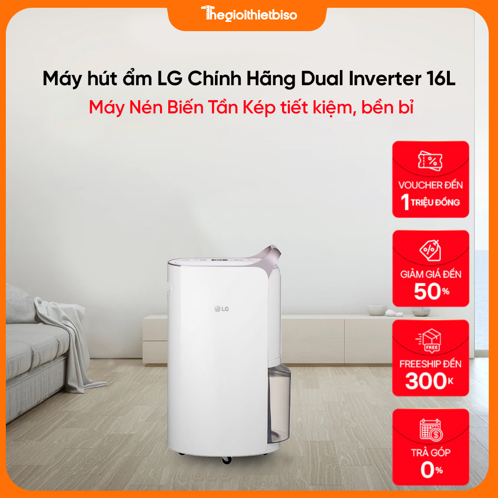 [GIÁ TẠI KHO] Máy hút ẩm LG Chính Hãng Dual Inverter 16L (Trắng) - MD16GQSE0 - Hàng chính hãng LG - Bảo hành 12 Tháng