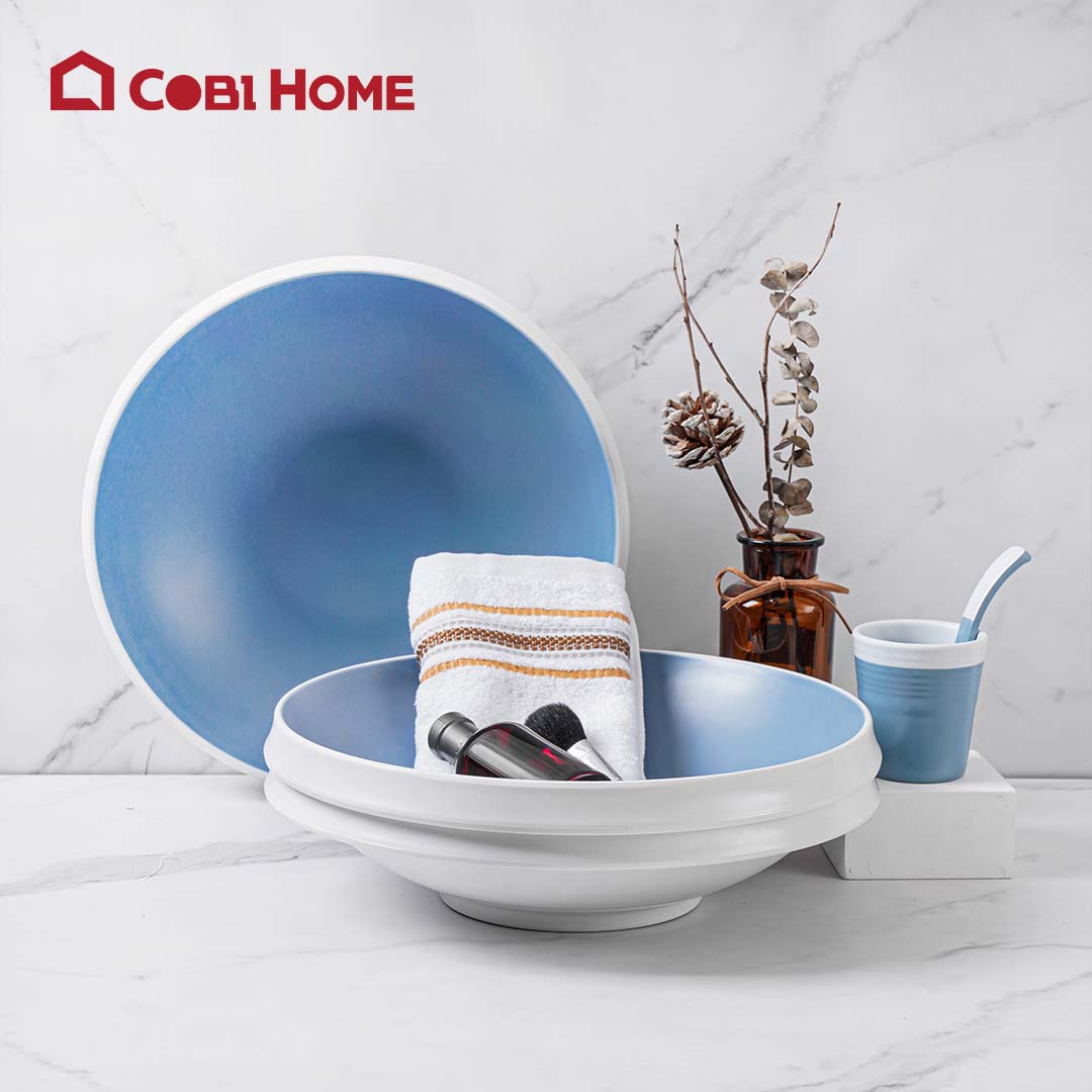 Dĩa nhựa tròn bằng melamine cao cấp màu xanh vân trắng 32.5cm