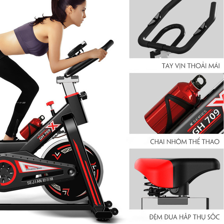 Xe đạp tập thể dục thể thao tập gym tại nhà thế hệ 4.0 khung thép sơn tĩnh điện chịu tải 250 kg, bánh đà 11 kg tặng kèm máy mát xa tạo cơ bụng EMS + đồng hồ cảm biến nhịp tim + bình nước thể thao ( giao màu ngẫu nhiên )