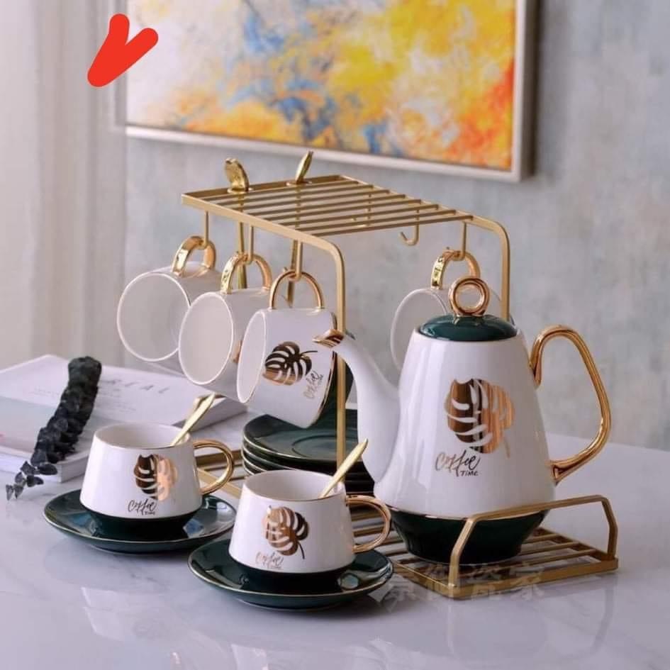 BỘ ẤM CHÉN PHA TRÀ CÓ GIÁ TREO CỐC KIM LOẠI, ĐIA KÊ TÁCH - VD55