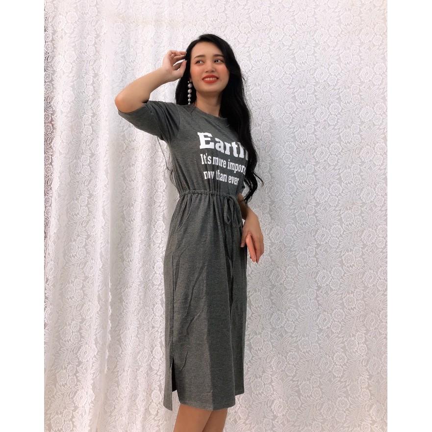 Đầm suông thun rút eo, xẻ tà