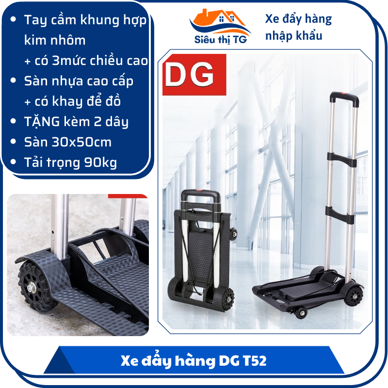 [BÁNH TO] Xe Kéo Đẩy Hàng VT-170 Siêu Gấp Gọn (5 bánh), Tải max 125kg KÈM 2 DÂY