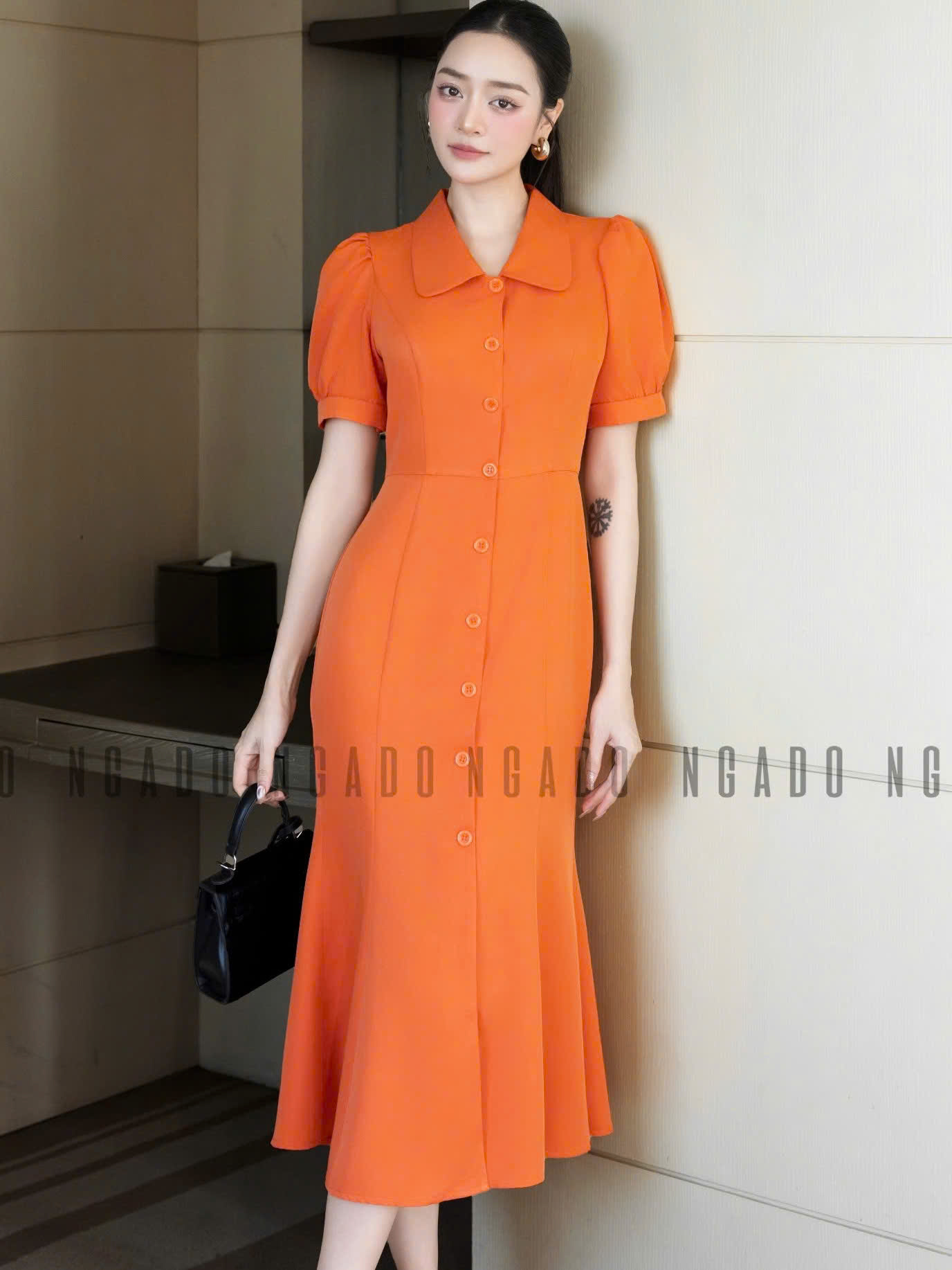 Đầm cam xẻ vạt NGADO , đầm dáng dài , đầm dự tiệc , công sở