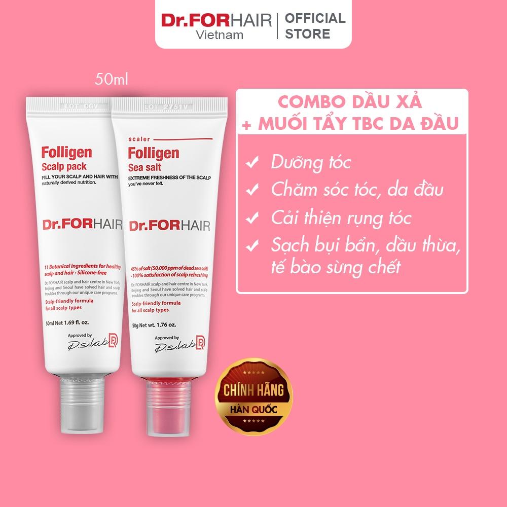 Bộ muối tẩy tế bào chết da đầu và dầu xả dưỡng tóc Dr.FORHAIR Folligen Scalp Pack 50ml và Sea Salt Scaler 50g