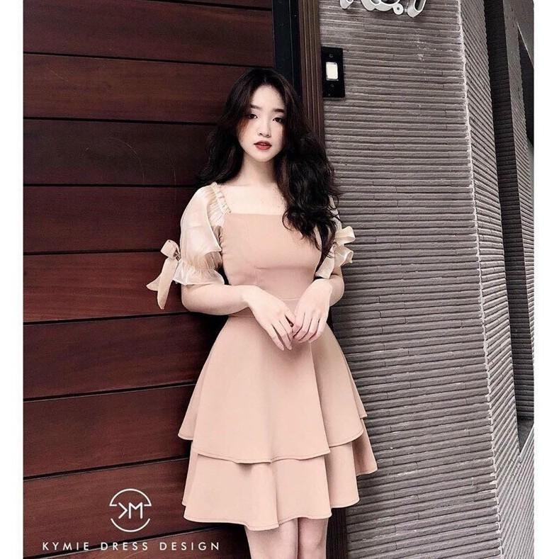 Đầm xoè Tiểu Thư 2 tầng phối tay voan cột nơ