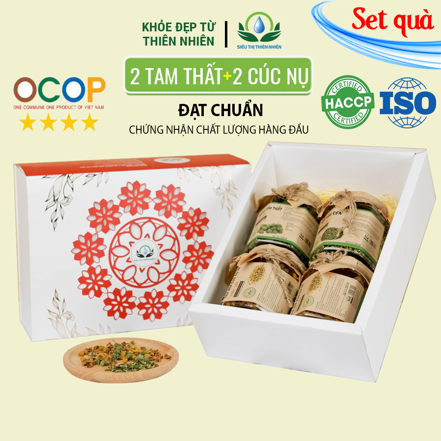 Hộp quà tặng trà hoa cao cấp - Set 13: Trà tâm sen, Nụ tam thất, 2 cúc vàng nhỏ