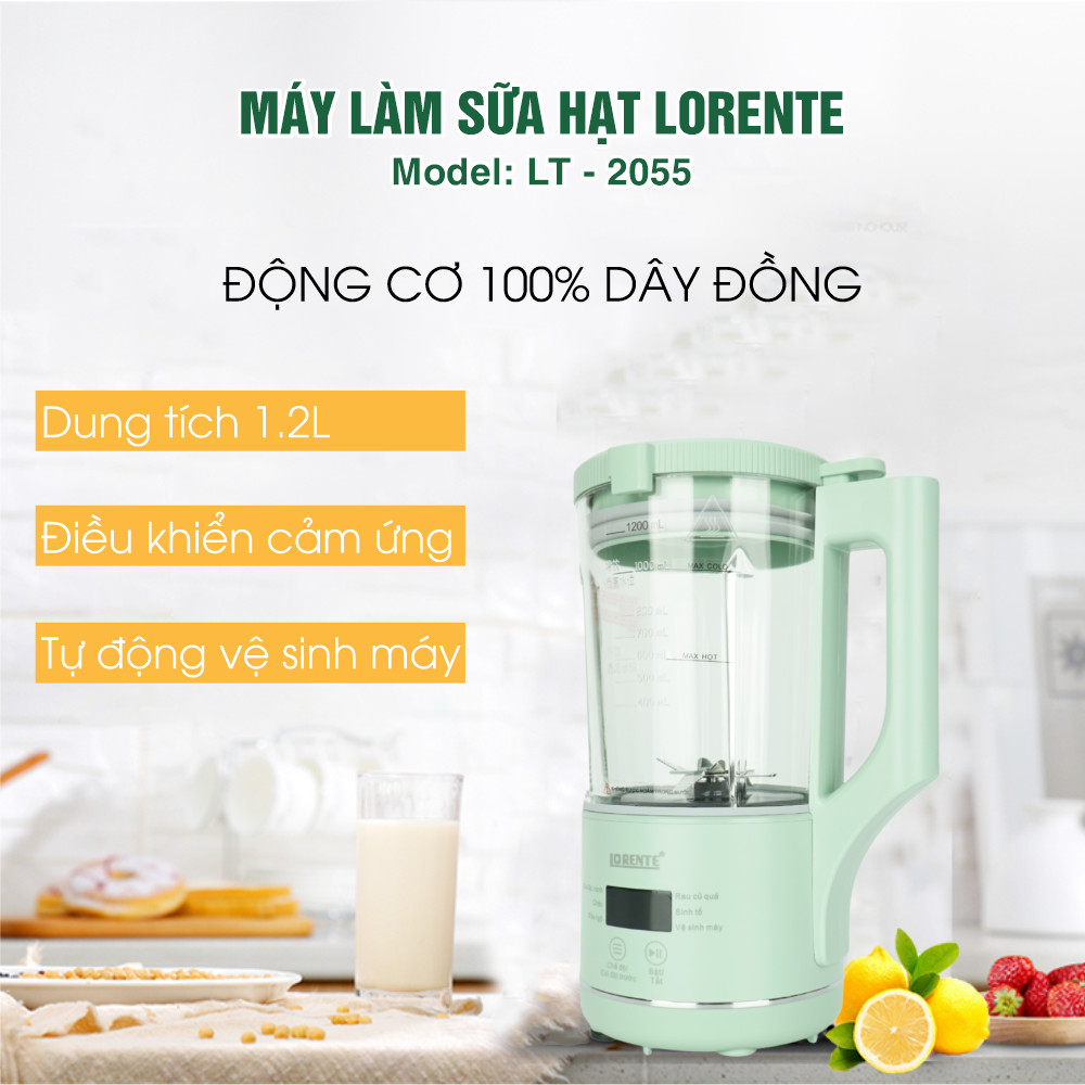 Máy xay nấu sữa hạt mini cao cấp Lorente LT-2055 dung tích 1.2 lít, công suất 400W, 8 lưỡi dao - Hàng chính hãng