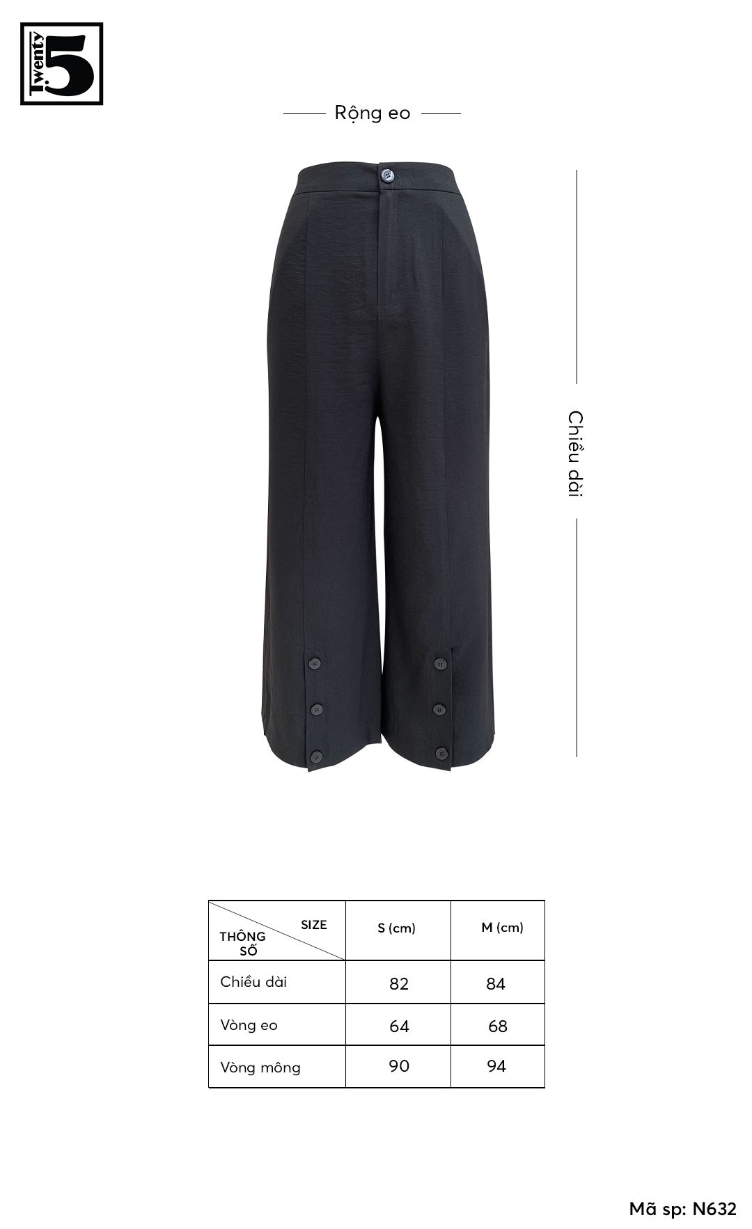 Quần kaki nữ suông rộng lửng, cài cúc thân trước Twentyfive N632