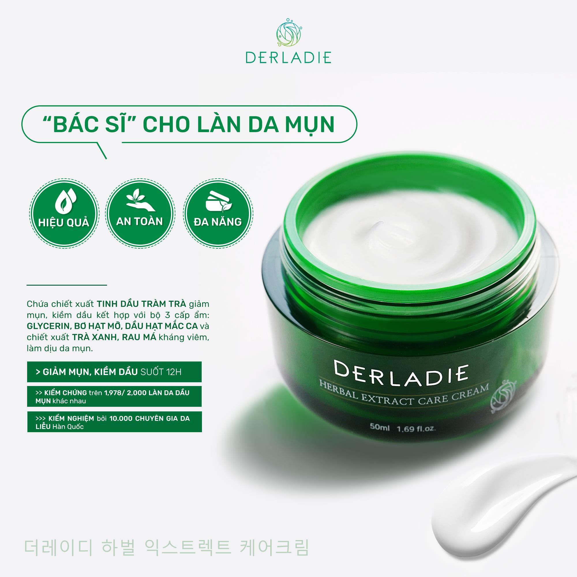 Sample Kem Dưỡng Giảm Mụn, Kiềm Dầu 12 Giờ Derladie Herbal Extract Care Cream 2ml