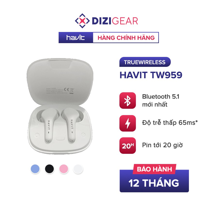 Tai nghe TWS Havit TW959, Bluetooth 5.1, Độ Trễ Tới 65ms, Nghe Độc Lập, Pin Tới 20H -  Hàng Chính Hãng Dizigear