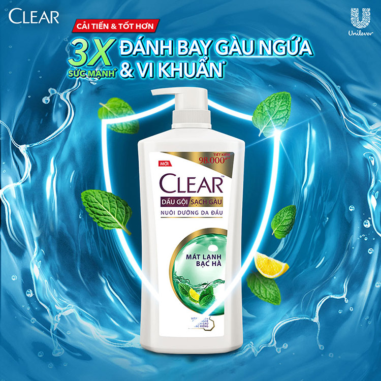 Dầu Gội Clear Sạch Gàu Dầu Gội Sạch Gàu Mát Lạnh Bạc Hà 3X Sức Mạnh Đánh Bay Gàu, Ngứa, Vi Khuẩn 880G