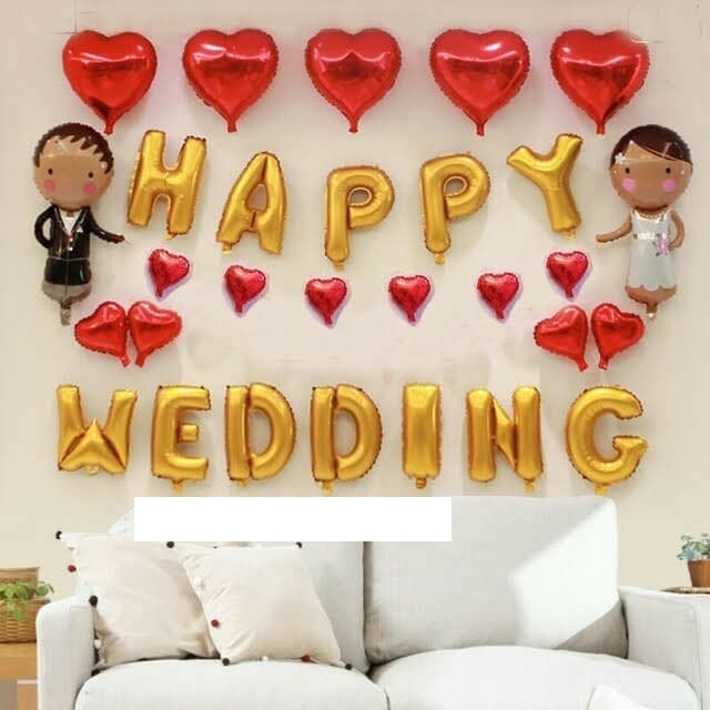 SET BÓNG TRANG TRÍ CƯỚI HAPPY WEDDING  KÈM BÓNG CÔ DÂU CHÚ RỂ SIZE TO ( tặng bơm bóng, băng dính)