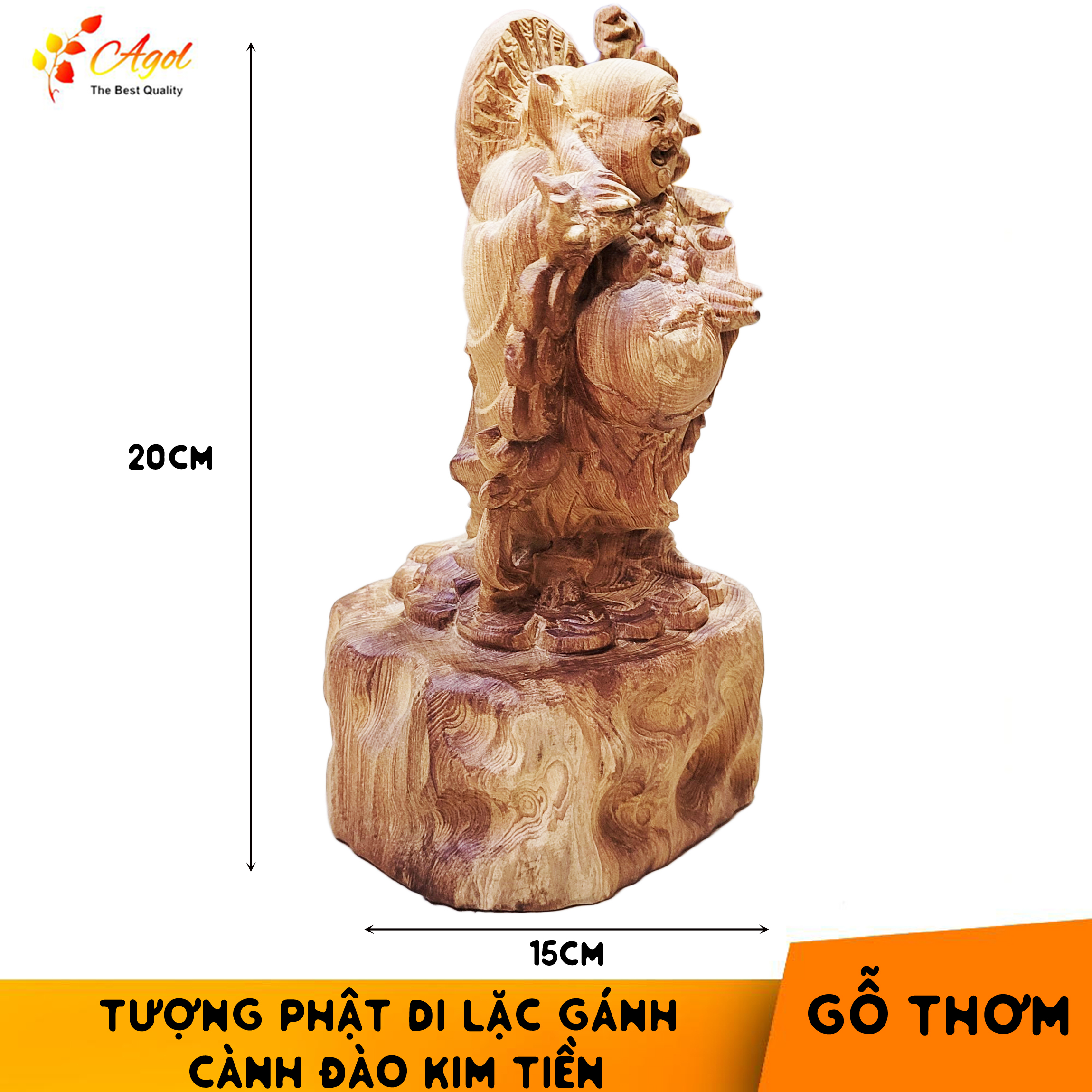 Tượng Phật Di Lặc Gánh Cành Đào Ngũ Lộc Kim Tiền Gỗ Thơm Bách Mộc Ngọc Am - Sản phẩm cao cấp cực thơm